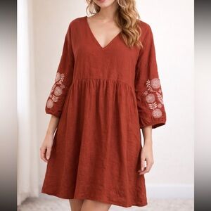 Madewell Rust Red Embroidered Dress 55%linen